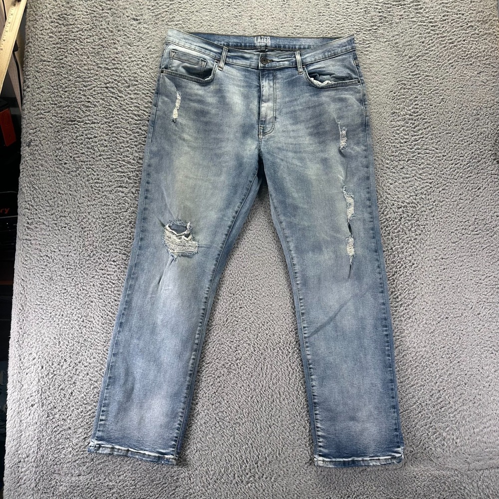 Lazer Jeans Mens 38x32 Blue Cotton Denim Straight Leg Faded Distressed Workwear